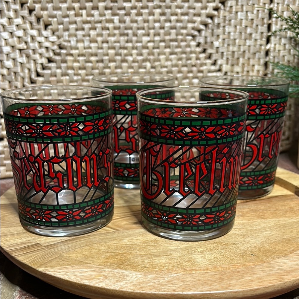 Houze “Seasons Greetings” Stained Glass Low Ball Tumblers Lot of 4 On The Rocks